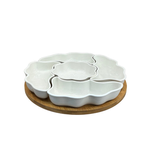 6-Piece Divided Appetizer Serving Bowls with Wooden Tray