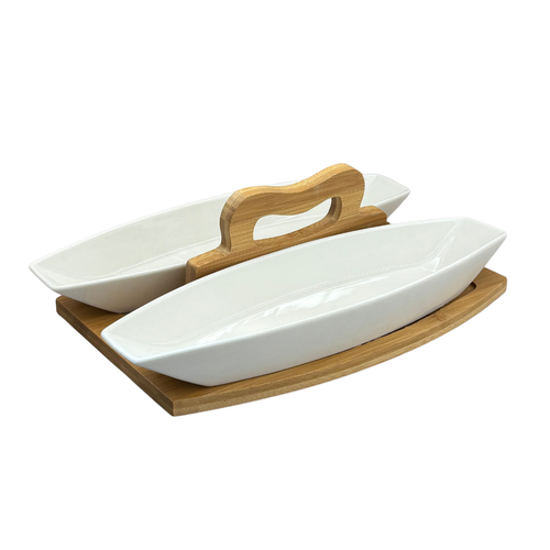 Boat-Shaped Serving Dishes with Wooden Center Handle Tray
