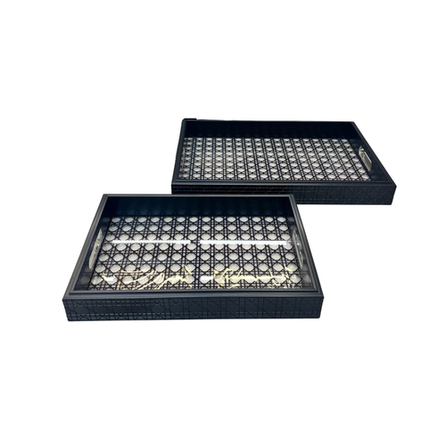 Luxury Black & Rattan Pattern Serving Trays Set of 2