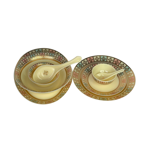 Imperial Pastel Mosaic & Gold Floral Rim Dinnerware Set 35 Pcs