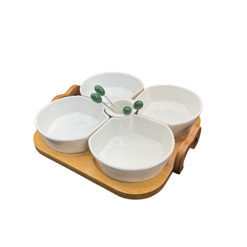 4 Section Relish Bowls with Toothpick Holder & Bamboo Board