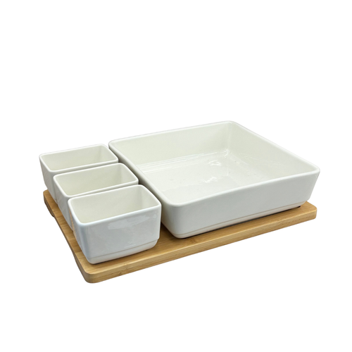 Elegant White Square Bowl & 3 Side Dip Cups with Bamboo Board