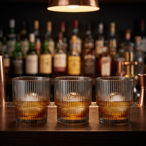 Elegant Grey Ribbed Whisky Glasses Set of 3