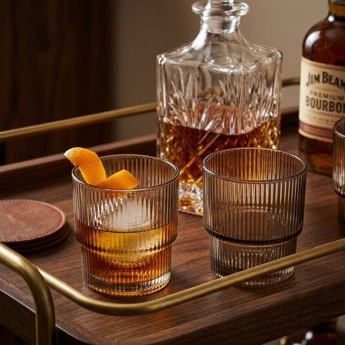 Elegant Grey Ribbed Whisky Glasses Set of 3