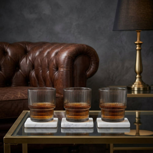 Elegant Grey Ribbed Whisky Glasses Set of 3