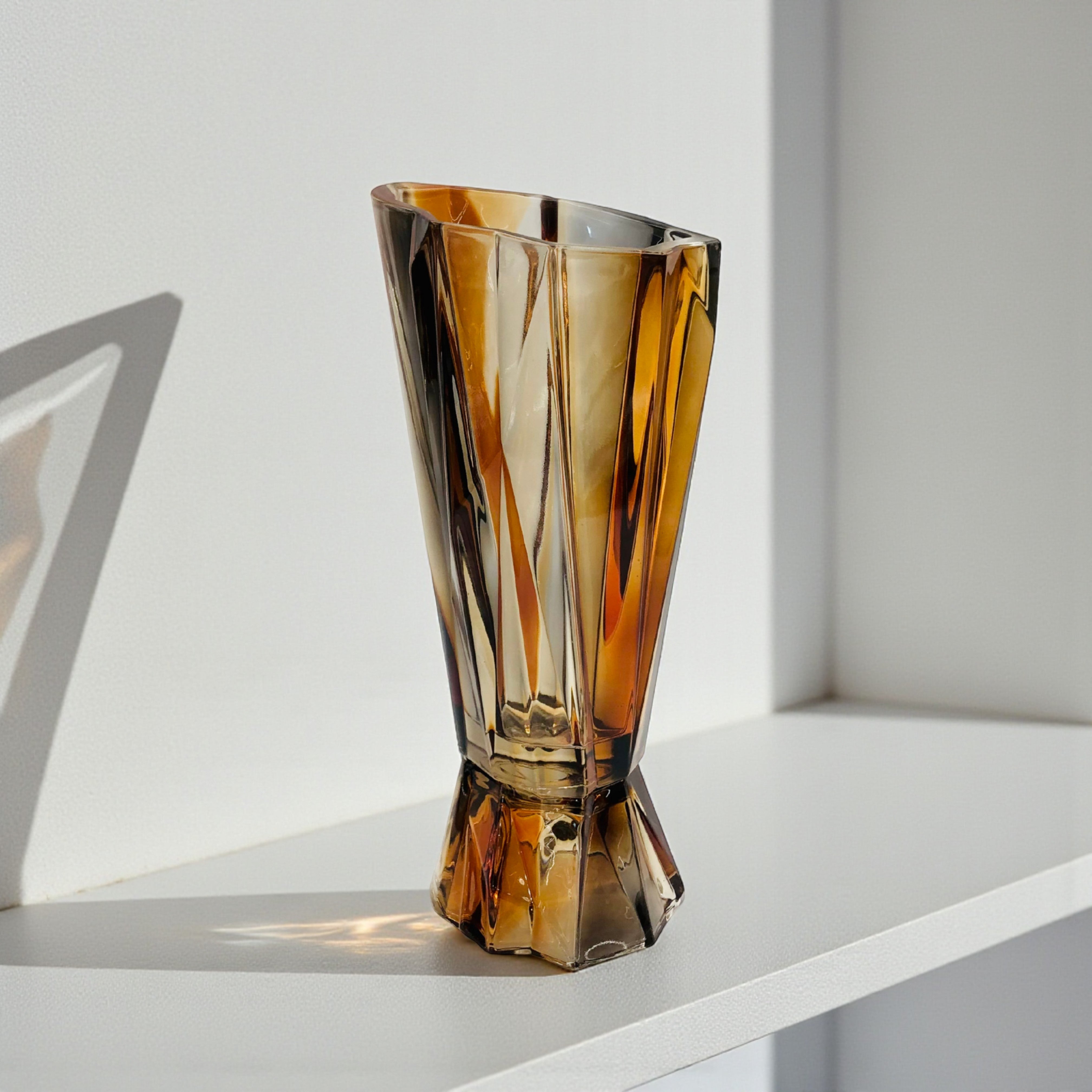 Radiant Amber Crystal Vase – Faceted Art Glass