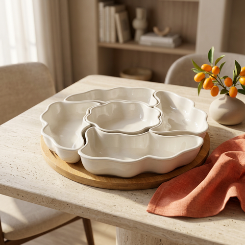 6-Piece Divided Appetizer Serving Bowls with Wooden Tray
