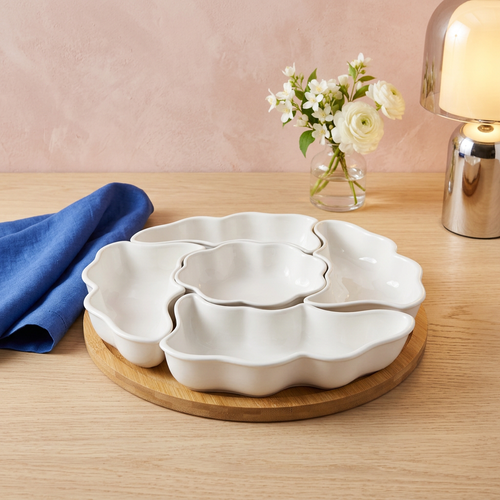 6-Piece Divided Appetizer Serving Bowls with Wooden Tray