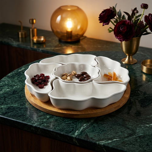6-Piece Divided Appetizer Serving Bowls with Wooden Tray