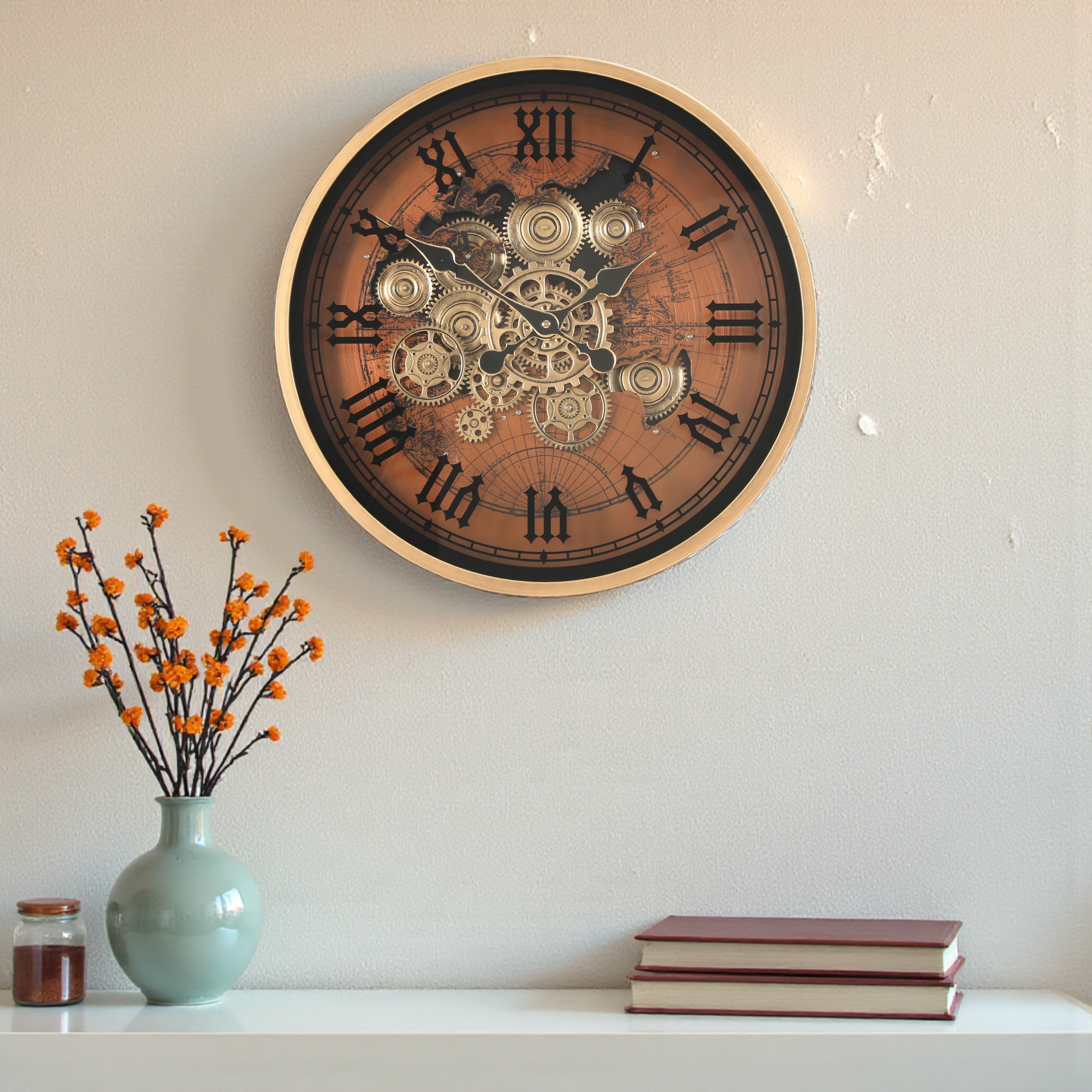 Hammered Frame Gear Clock – 47.5cm Antique Roman Design