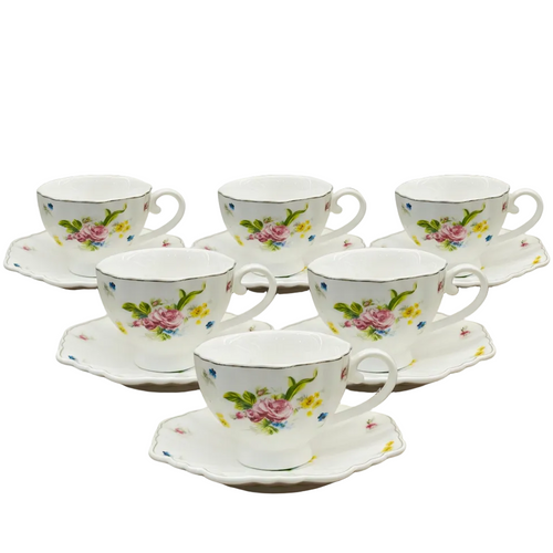 Elegant Floral Tea Cups with Scalloped Saucers Set of 6