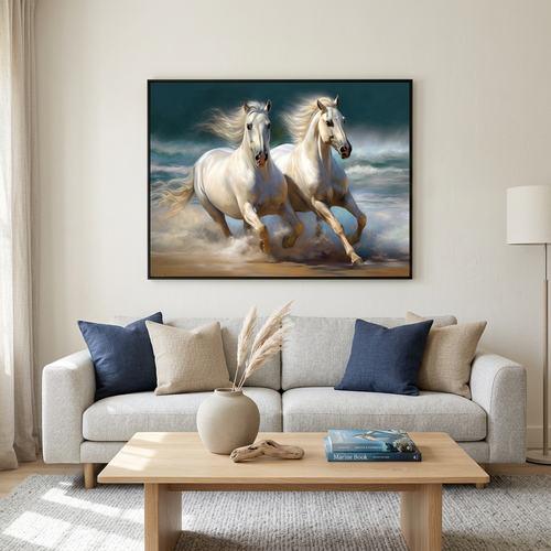 Two White Horses Running Canvas Wall Art
