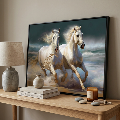 Two White Horses Running Canvas Wall Art