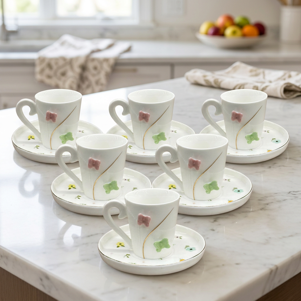 Minimalist Butterfly Embossed Cup & Saucer Set of 6