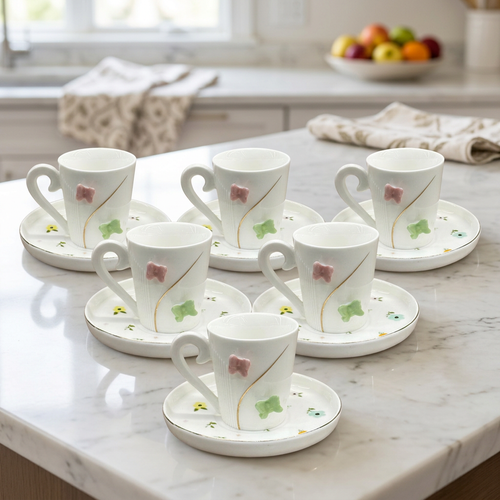 Minimalist Butterfly Embossed Cup & Saucer Set of 6