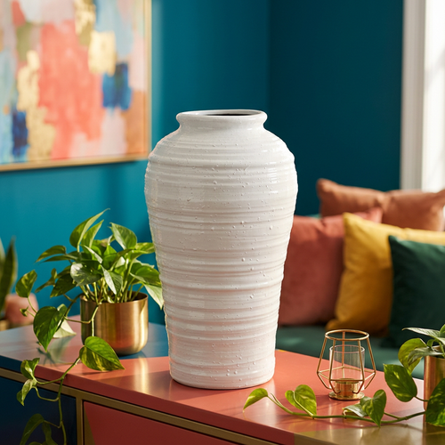 Modern Ridged White Ceramic Vase