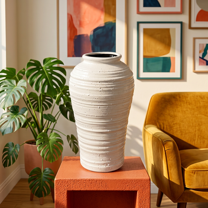 Modern Ridged White Ceramic Vase