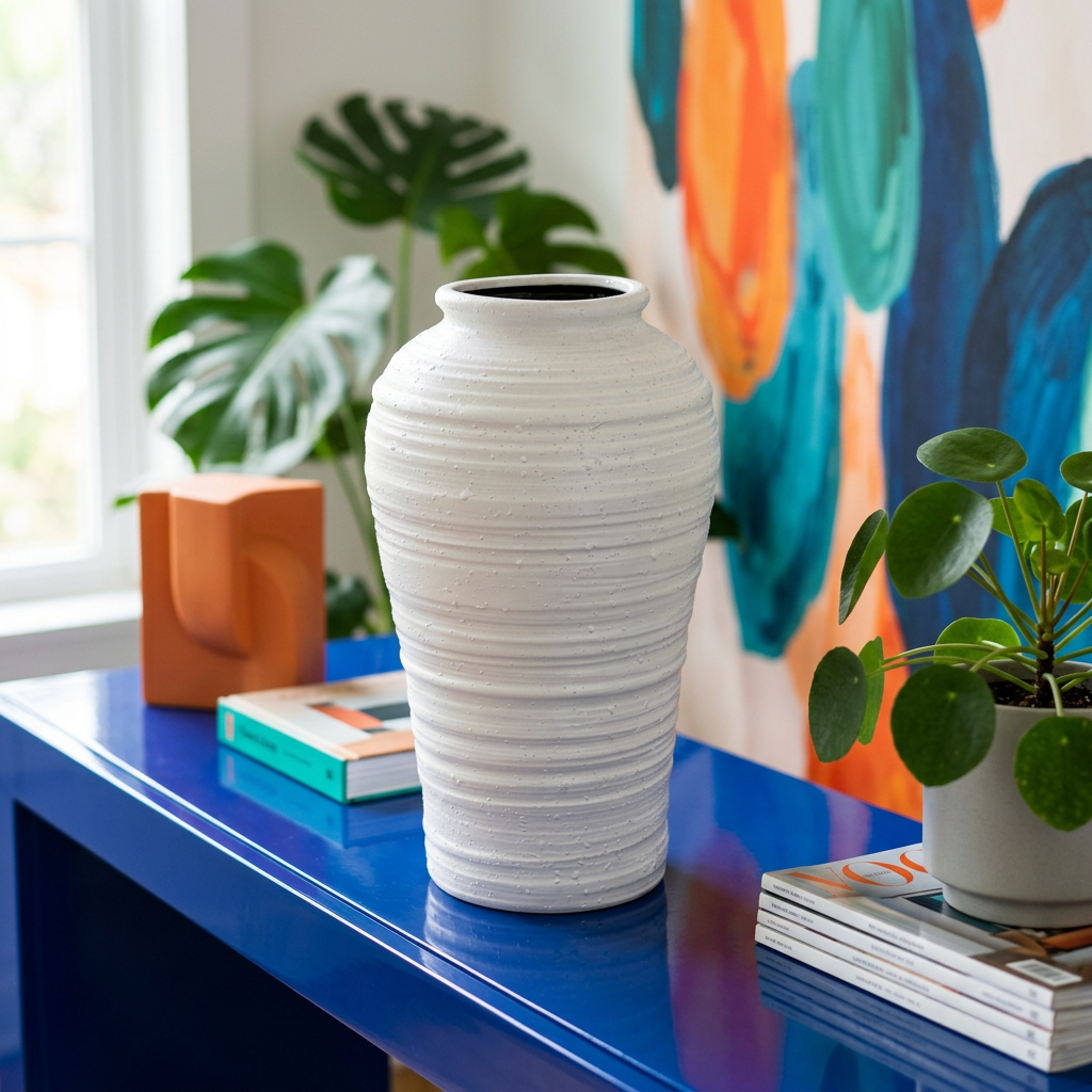 Modern Ridged White Ceramic Vase