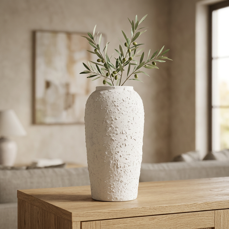 Elegant White Textured Ceramic Floor Vase
