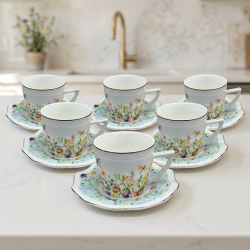 Elegant Flower & Dragonfly Teacup with Saucer Set of 6