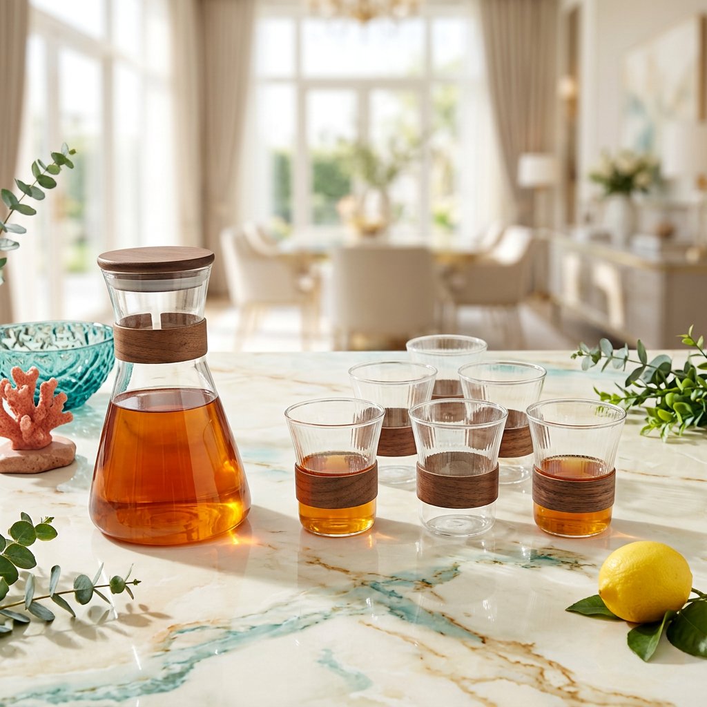 Elegant Glass Pitcher & Glass Set with Wooden Accents 7 Piece