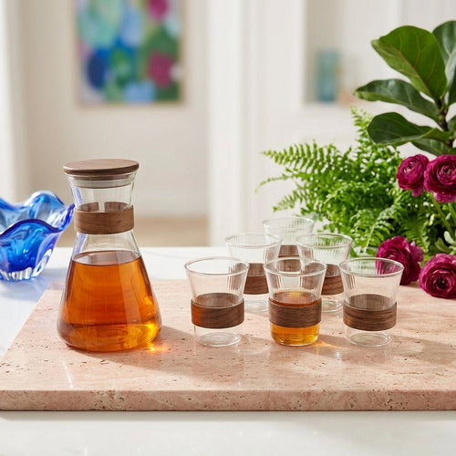 Elegant Glass Pitcher & Glass Set with Wooden Accents 7 Piece