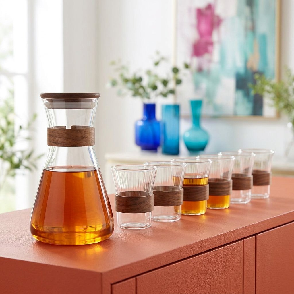 Elegant Glass Pitcher & Glass Set with Wooden Accents 7 Piece