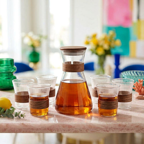 Elegant Glass Pitcher & Glass Set with Wooden Accents 7 Piece