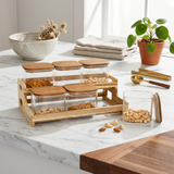 Square Glass Canister Set with Wooden Lids and Tiered Organizer