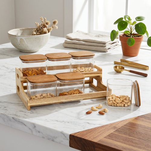 Square Glass Canister Set with Wooden Lids and Tiered Organizer