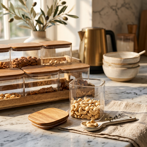 Square Glass Canister Set with Wooden Lids and Tiered Organizer
