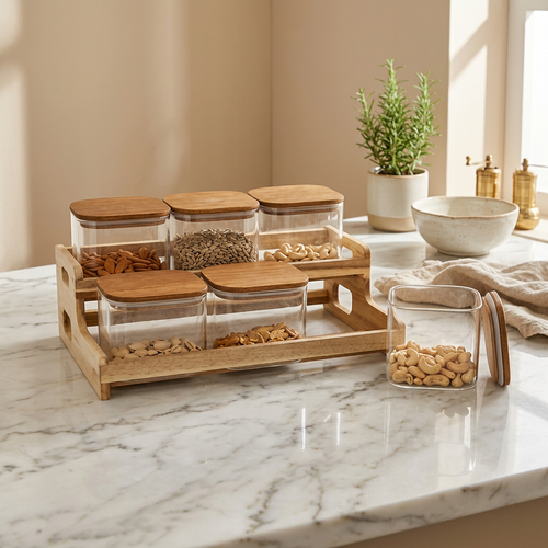 Square Glass Canister Set with Wooden Lids and Tiered Organizer