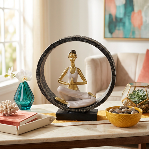 Modern Yoga Lady Figurine in Circular Frame